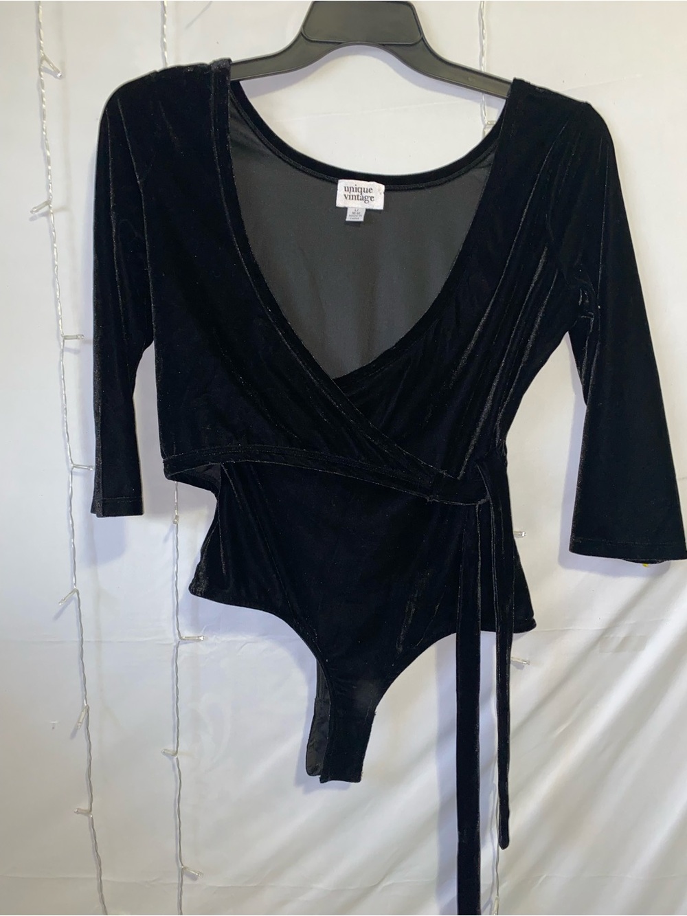 Unique Vintage Black Velvet Wrap Bodysuit with Tie Waist